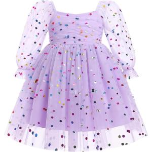 imageIDOPIP Toddler Baby Girls Dresses Long Puff Sleeve Pageant Mesh Tutu Dress Infant Wedding Baptism Photo Shoot Tulle DressPurple Confetti
