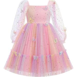 imageIDOPIP Toddler Baby Girls Dresses Long Puff Sleeve Pageant Mesh Tutu Dress Infant Wedding Baptism Photo Shoot Tulle DressRainbow Pink  Stars