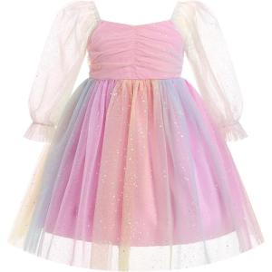 imageIDOPIP Toddler Baby Girls Dresses Long Puff Sleeve Pageant Mesh Tutu Dress Infant Wedding Baptism Photo Shoot Tulle DressRainbow Pink