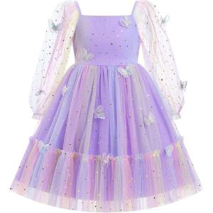 imageIDOPIP Toddler Baby Girls Dresses Long Puff Sleeve Pageant Mesh Tutu Dress Infant Wedding Baptism Photo Shoot Tulle DressRainbow Purple