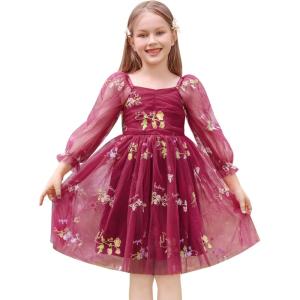 imageIDOPIP Toddler Baby Girls Dresses Long Puff Sleeve Pageant Mesh Tutu Dress Infant Wedding Baptism Photo Shoot Tulle DressWine Red Floral