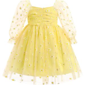 imageIDOPIP Toddler Baby Girls Dresses Long Puff Sleeve Pageant Mesh Tutu Dress Infant Wedding Baptism Photo Shoot Tulle DressYellow Daisy