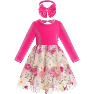 imageIDOPIP Toddler Baby Girls Embroidery Velvet Tutu Dress with Headband Outfit Long Sleeve Fall Princess Birthday Party DressesHot Pink