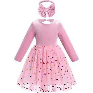 imageIDOPIP Toddler Baby Girls Embroidery Velvet Tutu Dress with Headband Outfit Long Sleeve Fall Princess Birthday Party DressesPink Polka Dots