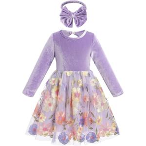 imageIDOPIP Toddler Baby Girls Embroidery Velvet Tutu Dress with Headband Outfit Long Sleeve Fall Princess Birthday Party DressesPurple