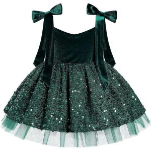 imageIDOPIP Toddler Baby Girls Sequin Velvet Tutu Dress Bowknot Princess Christmas Birthday Party Dresses Fall Winter ClothesGreen