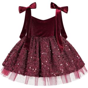 imageIDOPIP Toddler Baby Girls Sequin Velvet Tutu Dress Bowknot Princess Christmas Birthday Party Dresses Fall Winter ClothesWine Red