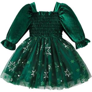 imageIDOPIP Toddler Baby Girls Velvet Tutu Dress Smocked Snowflake Christmas Princess Birthday Party Dress Fall Winter ClothesGreen