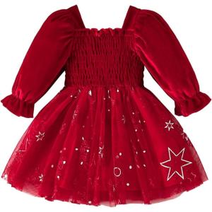 imageIDOPIP Toddler Baby Girls Velvet Tutu Dress Smocked Snowflake Christmas Princess Birthday Party Dress Fall Winter ClothesRed