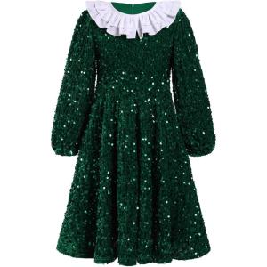 imageIDOPIP Toddler Girls Sparkle Sequins Velvet Dress Princess Birthday Party Christmas Dresses Winter Long Sleeve Glitters DressGreen