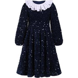 imageIDOPIP Toddler Girls Sparkle Sequins Velvet Dress Princess Birthday Party Christmas Dresses Winter Long Sleeve Glitters DressNavy Blue