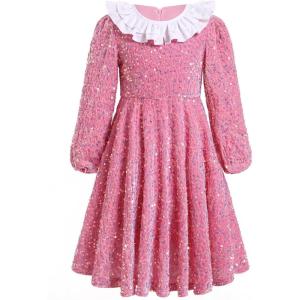 imageIDOPIP Toddler Girls Sparkle Sequins Velvet Dress Princess Birthday Party Christmas Dresses Winter Long Sleeve Glitters DressPink