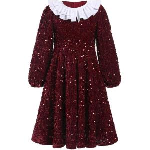 imageIDOPIP Toddler Girls Sparkle Sequins Velvet Dress Princess Birthday Party Christmas Dresses Winter Long Sleeve Glitters DressWine
