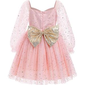 imageIDOPIP Toddler Girls Sparkly Dresses Sequin Bowknot Pageant Birthday Party Dress Glitter Mesh Long Sleeve Fall Dress ClothesPink