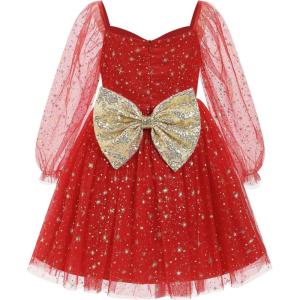 imageIDOPIP Toddler Girls Sparkly Dresses Sequin Bowknot Pageant Birthday Party Dress Glitter Mesh Long Sleeve Fall Dress ClothesRed