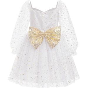 imageIDOPIP Toddler Girls Sparkly Dresses Sequin Bowknot Pageant Birthday Party Dress Glitter Mesh Long Sleeve Fall Dress ClothesWhite