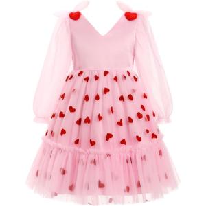 imageIDOPIP Toddler Girls Tutu Dress Mesh Long Sleeve Strawberry Heart Valentine Birthday Party Dresses Pageant Ruffle Tulle GownPink Heart
