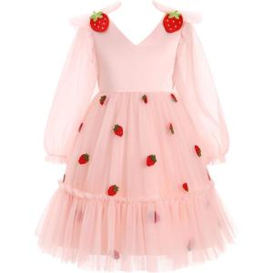 imageIDOPIP Toddler Girls Tutu Dress Mesh Long Sleeve Strawberry Heart Valentine Birthday Party Dresses Pageant Ruffle Tulle GownPink Strawberry
