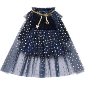 imageIDOPIP Toddler Girls Velvet Romper Dress with Cloak Cape Outfit Princess Star Glitters Tulle Dress Cute Christmas Party GownNavy Blue