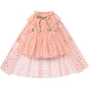 imageIDOPIP Toddler Girls Velvet Romper Dress with Cloak Cape Outfit Princess Star Glitters Tulle Dress Cute Christmas Party GownPink