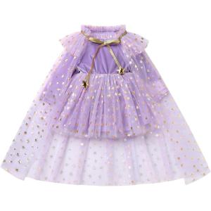 imageIDOPIP Toddler Girls Velvet Romper Dress with Cloak Cape Outfit Princess Star Glitters Tulle Dress Cute Christmas Party GownPurple