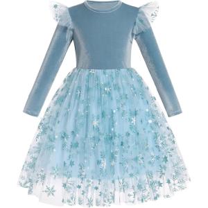 imageIDOPIP Velvet Tutu Dress for Girls Christmas Sparkle Star Winter Birthday Party Long Sleeve Mesh RuffleBlue
