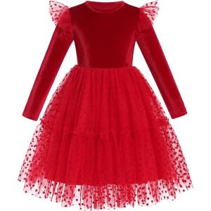 imageIDOPIP Velvet Tutu Dress for Girls Christmas Sparkle Star Winter Birthday Party Long Sleeve Mesh RuffleRed