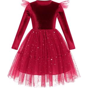 imageIDOPIP Velvet Tutu Dress for Girls Christmas Sparkle Star Winter Birthday Party Long Sleeve Mesh RuffleWine Red