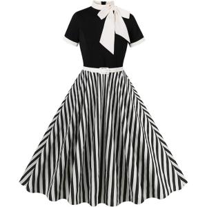 imageIDOPIP Women Elegant Tie Neck Floral Vintage Dress 1950s Retro Cocktail Prom Swing Dress Formal Party Pinup Rockabilly DressBlack  White Stripe