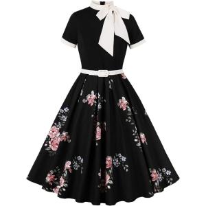 imageIDOPIP Women Elegant Tie Neck Floral Vintage Dress 1950s Retro Cocktail Prom Swing Dress Formal Party Pinup Rockabilly DressBlack