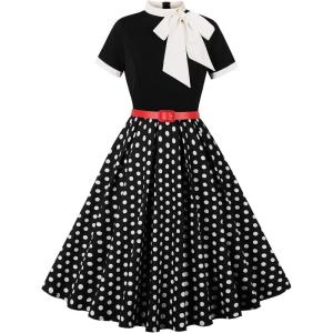 imageIDOPIP Women Elegant Tie Neck Floral Vintage Dress 1950s Retro Cocktail Prom Swing Dress Formal Party Pinup Rockabilly DressBlackpolka Dot