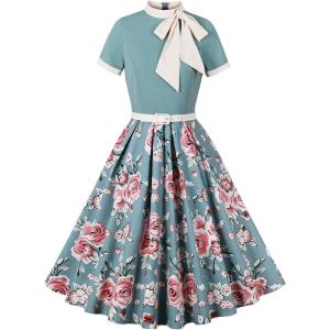 imageIDOPIP Women Elegant Tie Neck Floral Vintage Dress 1950s Retro Cocktail Prom Swing Dress Formal Party Pinup Rockabilly DressGreen