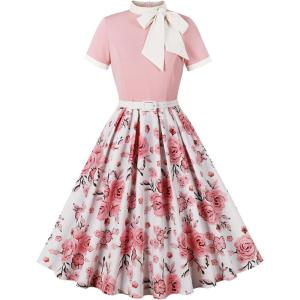 imageIDOPIP Women Elegant Tie Neck Floral Vintage Dress 1950s Retro Cocktail Prom Swing Dress Formal Party Pinup Rockabilly DressPink