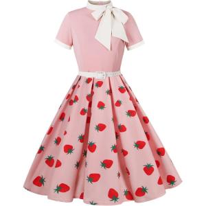 imageIDOPIP Women Elegant Tie Neck Floral Vintage Dress 1950s Retro Cocktail Prom Swing Dress Formal Party Pinup Rockabilly DressPinkstrawberry