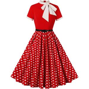 imageIDOPIP Women Elegant Tie Neck Floral Vintage Dress 1950s Retro Cocktail Prom Swing Dress Formal Party Pinup Rockabilly DressRedpolka Dot
