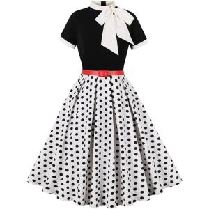 imageIDOPIP Women Elegant Tie Neck Floral Vintage Dress 1950s Retro Cocktail Prom Swing Dress Formal Party Pinup Rockabilly DressWhitepolka Dot
