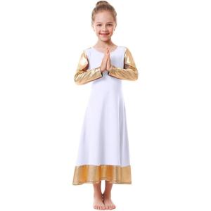 imagePraise Dance Dresses for Girls Kids Metallic Gold Color Block Long Sleeve Liturgical Lyrical Robe Loose Fit Full Length Maxi Swing Gown Ruffle Tunic Circle Skirt Worship Ballet Dancewear White 1314Y