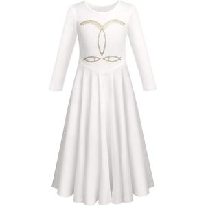 imageRhinestone Christian Cross Jesus Fish Praise Dance Dress for Girls Metallic Liturgical Lyrical Dancewear Loose Fit Full Length Long Sleeve Worship Dance Dress Costume White  Gold Fish 1112 Years