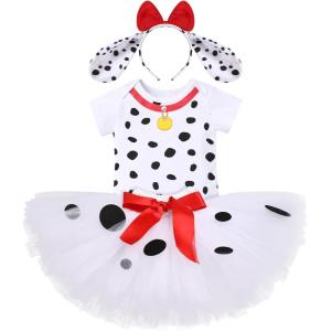 imageIDOPIP Ladybug Dalmatian Birthday Outfit for Baby Girls Romper Polka Dot Tutu Skirt Headband Halloween Fancy Dress up CostumeWhite  Dalmatian Dog