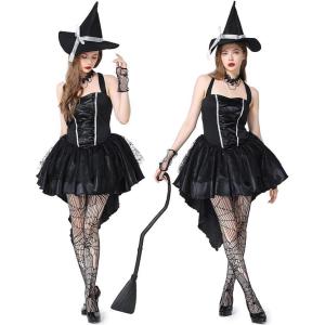 imageIDOPIP Witch Costume for Women Halloween Costume Witch Dress Hat Wristbands 3PCS Adult Witch Dress up Cosplay for Photo ShootBlack