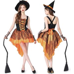 imageIDOPIP Witch Costume for Women Halloween Costume Witch Dress Hat Wristbands 3PCS Adult Witch Dress up Cosplay for Photo ShootOrange