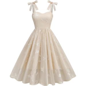imageIDOPIP Women Vintage Bowknot Swing Dress Elegant Leaf Embroidery Mesh Dress 1950s Retro Cocktail Prom Gown Formal Midi DressApricot