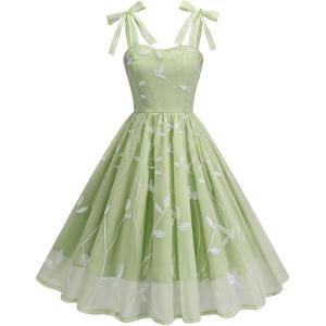 imageIDOPIP Women Vintage Bowknot Swing Dress Elegant Leaf Embroidery Mesh Dress 1950s Retro Cocktail Prom Gown Formal Midi DressGreen