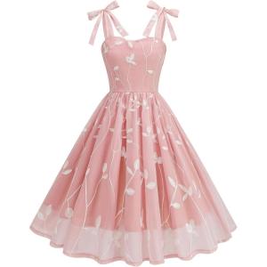 imageIDOPIP Women Vintage Bowknot Swing Dress Elegant Leaf Embroidery Mesh Dress 1950s Retro Cocktail Prom Gown Formal Midi DressPink