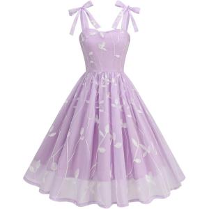 imageIDOPIP Women Vintage Bowknot Swing Dress Elegant Leaf Embroidery Mesh Dress 1950s Retro Cocktail Prom Gown Formal Midi DressPurple