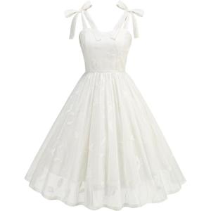 imageIDOPIP Women Vintage Bowknot Swing Dress Elegant Leaf Embroidery Mesh Dress 1950s Retro Cocktail Prom Gown Formal Midi DressWhite