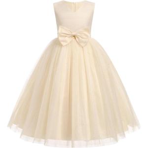 imageIDOPIP Flower Girl Lace Dress for Kids Wedding Bridesmaid Pageant Party Formal Long Gown Princess Communion Bow Tulle DressesApricot