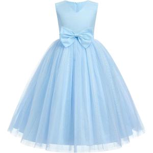 imageIDOPIP Flower Girl Lace Dress for Kids Wedding Bridesmaid Pageant Party Formal Long Gown Princess Communion Bow Tulle DressesBlue