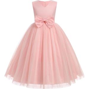 imageIDOPIP Flower Girl Lace Dress for Kids Wedding Bridesmaid Pageant Party Formal Long Gown Princess Communion Bow Tulle DressesPink
