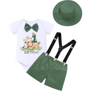 imageIDOPIP First Birthday Outfit Boy Baby Lion Cake Smash Clothes Safari Animals Romper Suspenders Shorts Hat Set for Photo ShootGreen